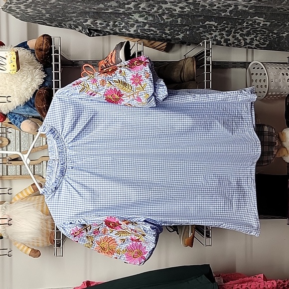 Unbranded Tops - Unbranded Gingham Blue Balloon Short Sleeve Embroider Blouse Size Large